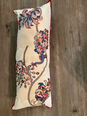 Embroidered Peacock Lumbar Pillow - Multicolor on Cream